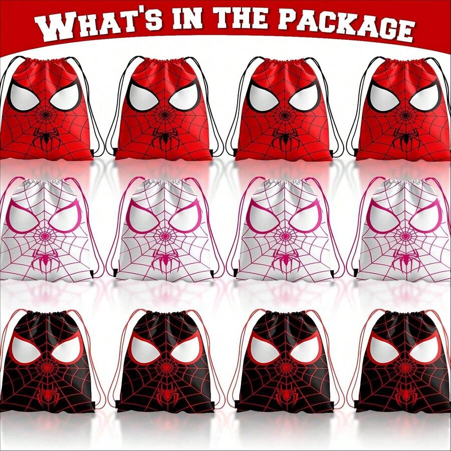 1pc Drawstring Gift Bag, 3pcs Spider Web Print Polyester Drawstring Pouches, Superhero Theme Birthday Party Candy Storage Bags - Multicolor - View 1