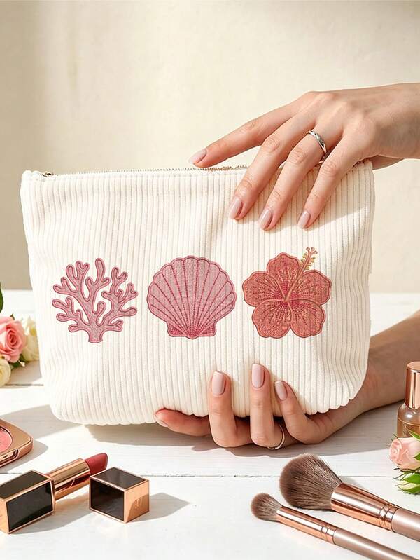 2D Shell And Starfish Pattern Printed Makeup Bag Travel Storage Bag, Suitable For Beach, Swimming Pool, Swimwear, Travel Storage Bag, Makeup Bag, Cosmetic Bag, Vacation Storage Bag, Large Capacity Makeup Bag Can Hold Lipstick, Brushes, Skincare Products, Phone, Coins, Small Items, Multi-Purpose Home, Gift, Vacation And Holiday, Toiletry Bag, Student Makeup Bag, Halloween And Christmas Gift