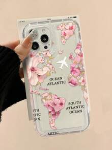 Cherry Blossom America Map Airplane Print Clear Case Compatible With IPhone 11/17/17pro/13/14/15/15pro/15 Plus/15 Promax/16/16pro/16plus/16promax/17Air/13pro/14pro/17Promax/12promax/13promax/14promax/14plus&Compatible With Samsung Galaxy/A54 A14 A15 S23 S24 S24ultra S25 A07 A17 S26 A57 - Multicolor - View 3