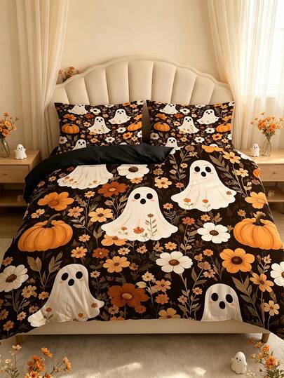 3pcs Vintage Autumn Ghost Pumpkin Floral Print Polyester Fiber Duvet Cover Set (1*Duvet Cover + 2*Pillowcases, No Fill), Cute Cartoon Ghost Daisy Wildflower Digital Print Bedding, Halloween Atmosphere, Breathable Skin-Friendly Polyester Fiber Fabric, High-Definition Digital Printing Technology, American Country Style Pumpkin Floral Bedroom Decor, Invisible Zipper And Corner Tie Design, Suitable For All Seasons, Applicable For Hotel, Bedroom, Guest Room And Dormitory Decoration Bedding