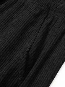 Women Black Ribbed Wide Leg Pants Elastic Drawstring Waist Relaxed Fit Casual Lounge Trousers For Everyday Wear. - Black - View 7