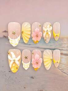 10pcs Short Almond-Shaped Press-On Nails, Fantasy Style Nail Art Stickers For Girls And Women: Cute Pink Starfish, White Seashell, Shiny Gold Star And Pearl, Transparent And Pink Translucent Base | Beach Vacation And Wedding Nail Art - Yellow - View 3
