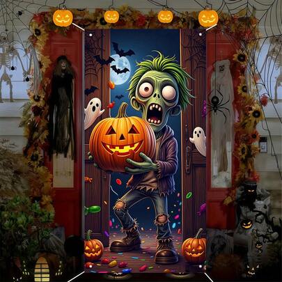 1pc Cartoon Zombie Style Halloween Door Banner 2D Flat Pumpkin Candy Design Polyester Material Realistic Effect Indoor Outdoor Party Decor Doorway Backdrop Festival Atmosphere Decoration All-Match Wall Banner