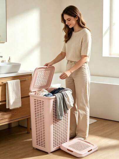 Large-Capacity Hollow Laundry Basket With Lid, Breathable To Prevent Odors, Available In Multiple Colors, Portable Handle For Easy Carrying, Thickened Sturdy Material, Keeps Clothes Neatly Stored And Space-Saving