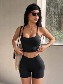 Women's Casual Sport 2-Pcs Set,Criss Cross Backless Sleeveless Adjustable Straps Tops,High Waist Tummy Control Legging Shorts,For Daily Wear,Yoga - Black - View 4