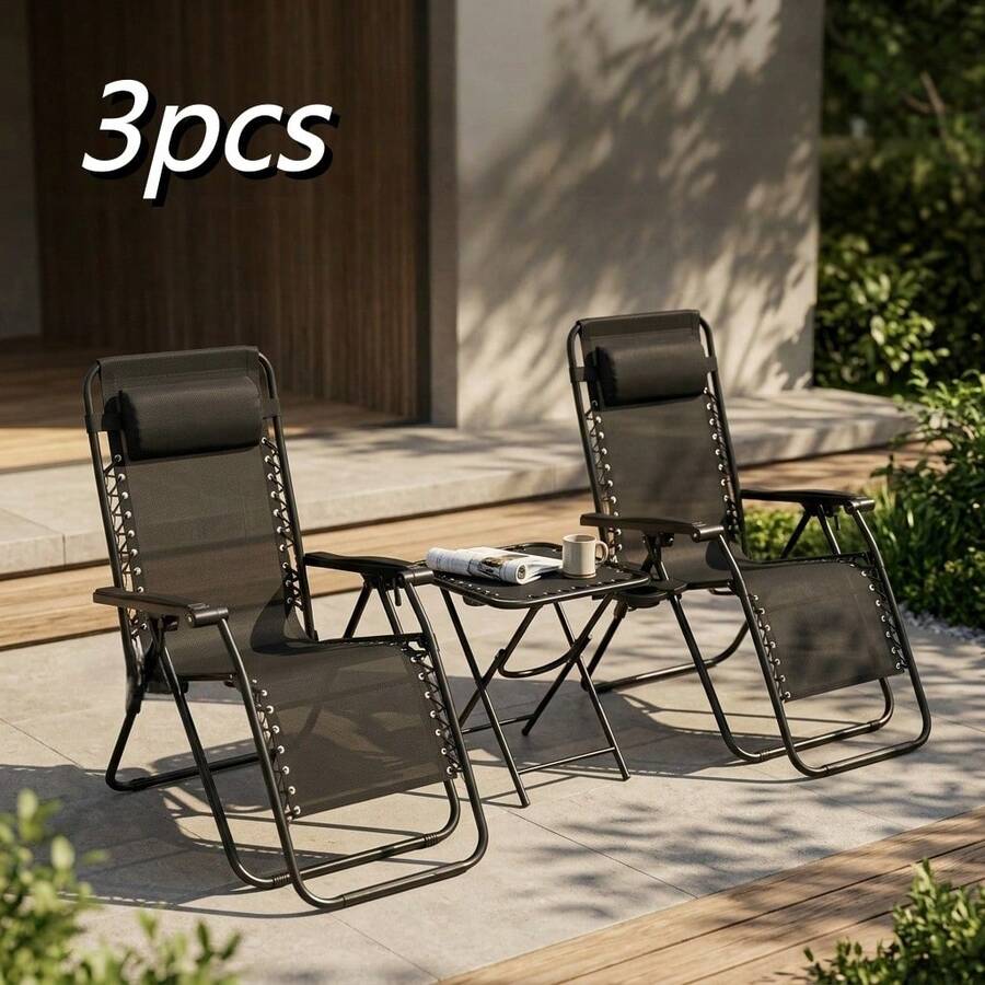 3 Pieces Zero Gravity Patio Furniture Set, 2 Adjustable Folding Recliner Lounge Chairs With Headrest + Foldable Side Table, Weather Resistant Outdoor Bistro Set For Backyard Lawn Pool Balcony - C - View 1