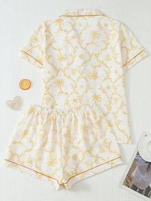 2pcs Women's Comfortable Coconut Tree & Boat Print Short Sleeve Collared Top And Bow Shorts Pajama Set, Spring/Summer - Yellow - View 2