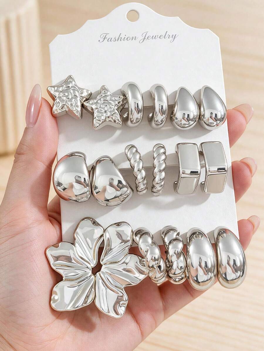 6/18PCS Women's Silver 9-Piece Set Floral, Spiral, Geometric And Thick ...