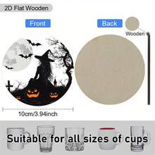 A Set Of 6 Halloween-Themed Wooden Coasters Featuring Designs Of Witches, Pumpkins, Bats, And A Full, Designed In A Decorative Silhouette Style - Multicolor - View 5