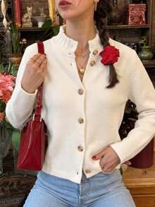 Women's Ruffle Collar Front Button Long Sleeve Soft Knit Cardigan, Autumn Back To School Daily Vintage Coffee Style Casual Jacket - White - View 3