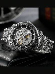 T-WINNER 1pc Men's Classic Vintage Carved Hollow Automatic Mechanical Watch With Rotating Bezel, Luminous Hands, Rhinestone Decorated Dial, Luxury Stainless Steel Band, Business Casual Wristwatch - Silver - View 5
