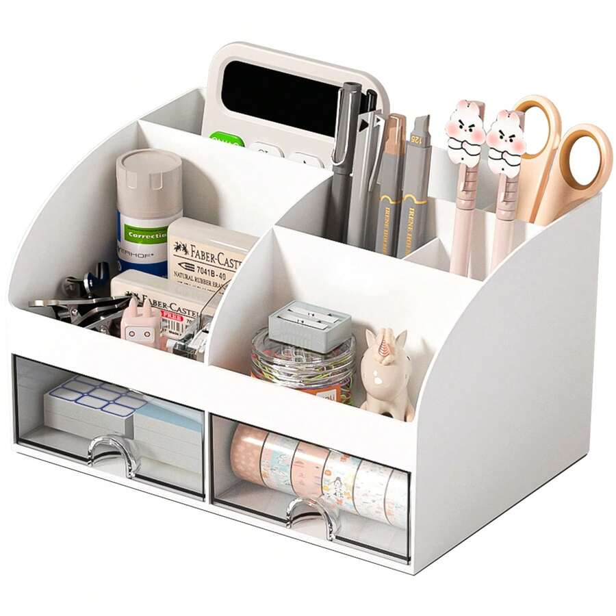 1pc Desktop Organizer With 6 Compartments And 2 Drawers, Plastic Makeup Organizer, Desktop Pen Holder, Suitable For School, Home, Office Supplies Desktop Organization - Multicolor - View 1