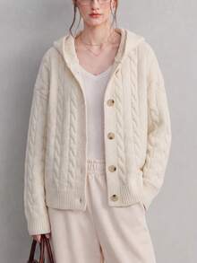 Jaket Kardigan Hoodie Wanita Musim Gugur/Dingin Desain Rajut Kabel Minimalis dengan Bordir Kecil di Dada Depan - Krem - View 2