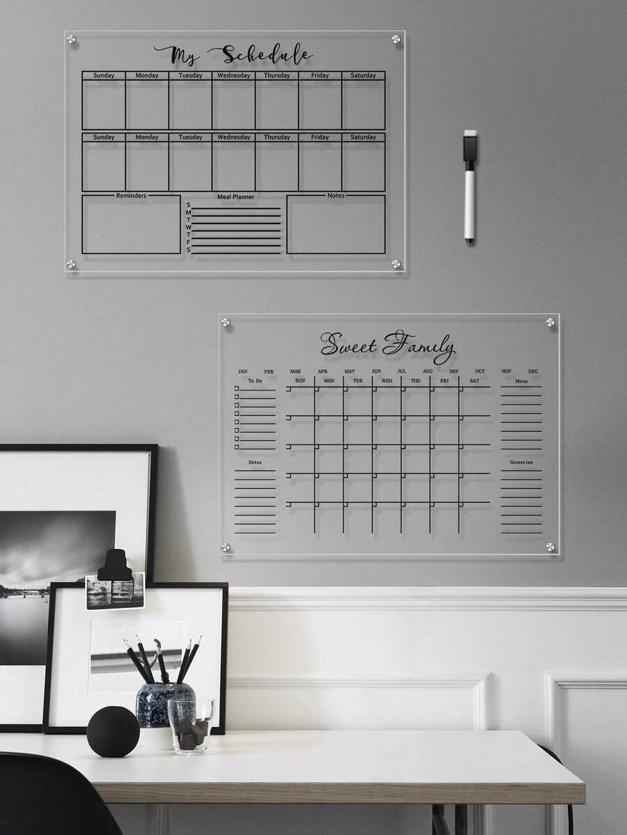 1 Set Black Line Acrylic Erasable Wall-Mounted Planner Board, Home Monthly/Weekly Schedule Planner, Family Recipe, Shopping List, Memo Board - Black - View 1