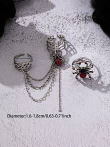 Juego de 2 anillos de nudillo góticos con cadena de telaraña, estilo vintage antiguo en plata con araña de strass rojo, joyería de dedo con cadena y borla - Multicolor - Ver 3
