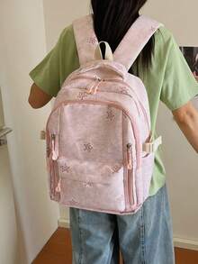 3pcs Pink Nylon Casual Minimalist Star Pattern All-Over Print Comfortable Shoulder Strap Zipper Closure Multi-Pocket Large Capacity Foldable With Crossbody Strap Pencil Case Backpack Set, Suitable For Spring/Summer Hot-Selling Style, Ideal For Students, School, Commuting, Outdoor Travel, Back-To-School Gift, Can Hold Books, Pencil Case, Notebooks - Pink - View 8