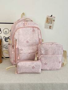 3pcs Pink Nylon Casual Minimalist Star Pattern All-Over Print Comfortable Shoulder Strap Zipper Closure Multi-Pocket Large Capacity Foldable With Crossbody Strap Pencil Case Backpack Set, Suitable For Spring/Summer Hot-Selling Style, Ideal For Students, School, Commuting, Outdoor Travel, Back-To-School Gift, Can Hold Books, Pencil Case, Notebooks - Pink - View 7