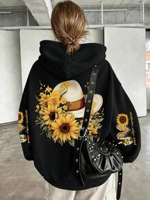 Sonnenblumen-Buchstaben-Muster Sweatshirt, Damen-Große Größen Lässig Herbst/Winter Langarm Tasche Sweatshirt Schwarz Urlaub - Schwarz - Übersicht 2
