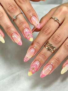 24 Peças Unhas Postiças em Formato de Amêndoa 3D Gel Elegante e Descolado, Amarelo Creme, Rosa, Bloco de Cor, Pontilhado, Gradiente Floral, Contas de Aço Dourado, Linha de Pérola, Francês, Brilhante, Brilhante, Branco, Unhas Postiças da Moda Versáteis e Usáveis, Adequadas para Encontros, Festas, Primavera, Verão, Mulheres e Meninas, Outono, Inverno, Uso Diário, Conjunto de Unhas Removíveis com Cola de Gelatina e Lixa de Unha, Fácil de Usar e Durável, Cola de Gelatina Enviada Aleatoriamente - Multicolorido - Visão 2