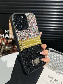 1 buah Casing Ponsel Anti Jatuh Berwarna Hitam Berkilau dengan Hiasan Berlian Imitasi, Kompatibel dengan 18promax/17pro - Hitam - View 3