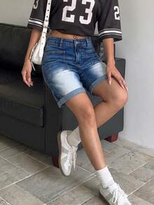 Women's Casual Straight Leg Denim Shorts, Bermuda Style, With Pockets And Button Details, Slight Stretch, Suitable For Daily Wear - Dark Wash - View 6