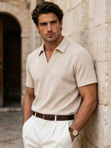 Men's Summer Old Money Style Fashion Casual Corduroy Fabric Polo Shirt With Turn-Down Collar And V-Neck, Suitable For Daily Commute And Travel - Apricot - View 4