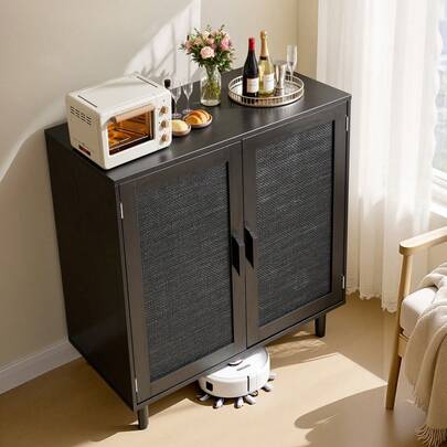 Rattan Cabinet, Rattan Storage Cabinet With 2 Magnetic Doors And Adjustable Shelves, Accent Sideboard Buffet With Wooden Legs & Power Cord Hole For Hallway, Entryway, Living Room, Kitchen, Black