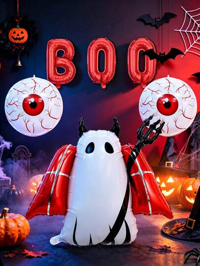 Set Balon Setan Halloween 6 Buah, Termasuk Balon Huruf "BOO", Bola Mata, dan Balon Setan, Cocok untuk Halloween, Ulang Tahun, Rumah Hantu, Kamar, Dekorasi Dalam dan Luar Ruangan, Penciptaan Suasana Adegan