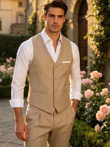 Vest For Men Solid Formal Suit Waistcoat With Wide Pockets For Business Wedding Party Outfit To Match Men Suits - Champagne - View 9