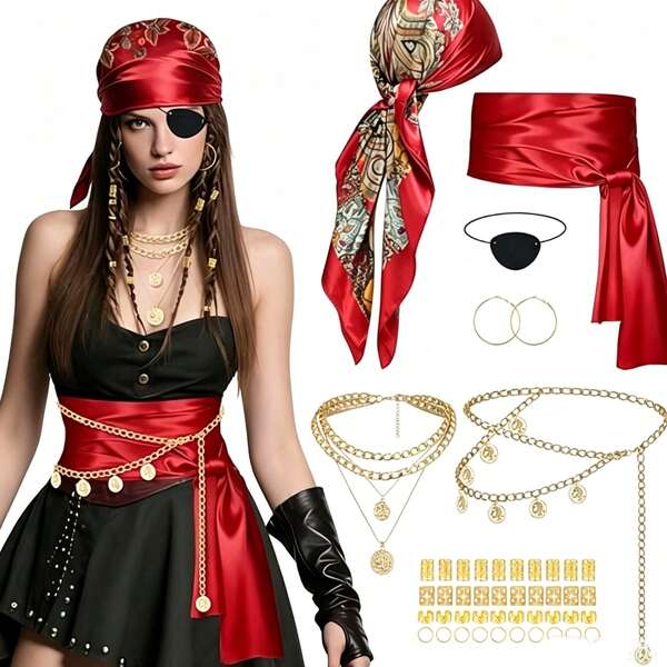 Set Aksesori Kostum Bajak Laut Wanita 47 Buah - Termasuk Bandana Bajak Laut, Ikat Pinggang Merah, Rantai Pinggang, Kalung, Anting-anting, dan Aksesori Rambut