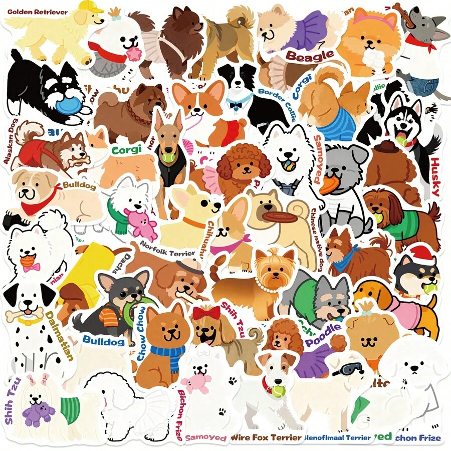 50pcs Cute Cartoon Dog Doodle Stickers, Fun Decorative Reward Stickers, Vinyl Waterproof Stickers For Water Bottles, Computers, Laptops, Phones, Luggage, Notebooks, Refrigerators - Rectangle - View 1