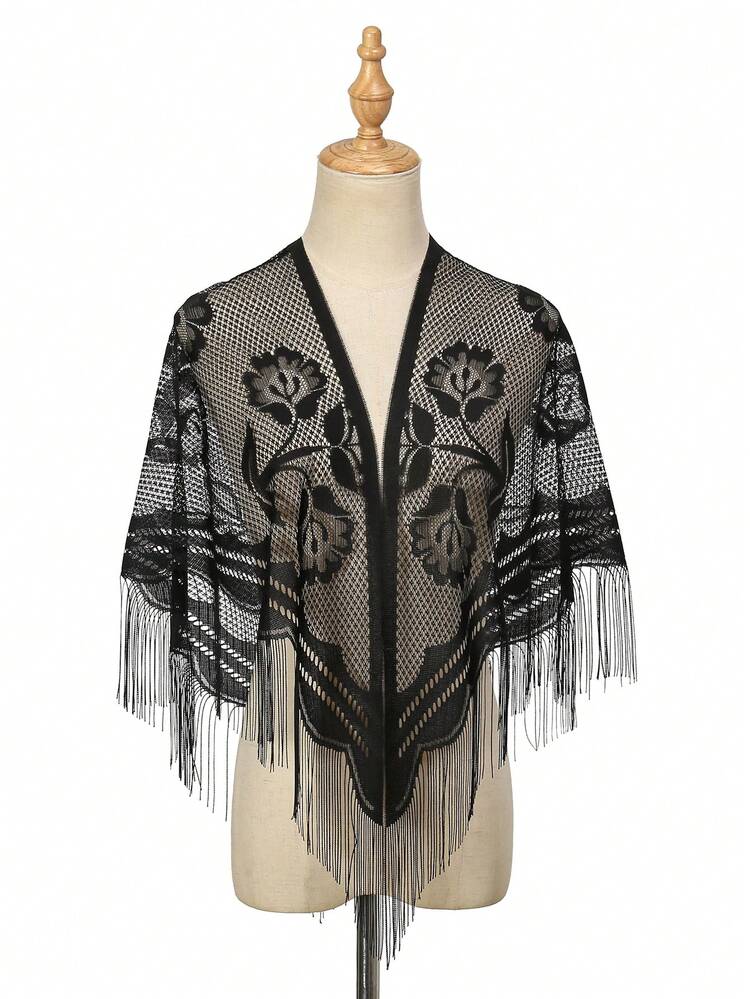 1pc Women's French Style Solid Color Lace Embroidered Triangle Shawl, Hollow Floral Pattern Shawl, Versatile Tassel Scarf, Bohemian Style, Suitable For All Seasons, Perfect For Daily Wear. - Multicolor - View 5