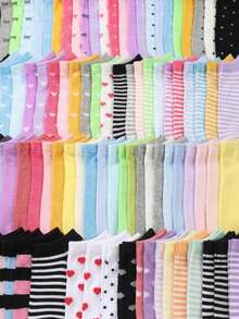 20 Pasang Kaos Kaki Pendek Bergaris Motif Hati dan Pita Polkadot Nyaman dan Bernapas, Kaos Kaki Kasual Model Perahu, Logo Kecil Gaya Minimalis; Warna Acak - MultiWarna - View 2