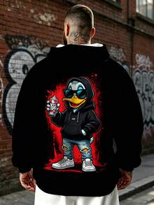 Men's Plus Size Casual Hoodie Sweatshirt, Polyester Knit Fabric, Comfortable And Breathable, Fashionable Casual Cute Fun "Graffiti Spray Paint Hood Duck" Pattern, Streetwear Loose Fit Top, Unique Novel Fresh Series - Black - View 2