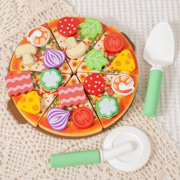 Wooden Realistic Pizza Ingredients Cutting Set, Children's Western Cuisine Cooking Simulation Life Cognition Early Education Toy
