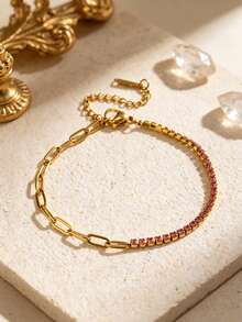 1pc Classic Elegant Style Stainless Steel Chain Bracelet With Colorful Glass Decoration, Suitable For Women's Daily Wear Or Holiday Gift For Best Friends - Yellow Gold - View 7