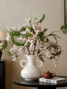 1pc French Vintage White Double Handle Ceramic Vase, Elegant Decorative Vase For Fresh Flowers Or Dried Flowers, Luxury Home Decor For Living Room, Entryway, Dining Table, Shelf, Housewarming, Ramadan And Eid Gift - Solid Color Double Ear - View 4