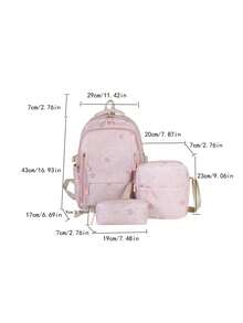 3pcs Pink Nylon Casual Minimalist Star Pattern All-Over Print Comfortable Shoulder Strap Zipper Closure Multi-Pocket Large Capacity Foldable With Crossbody Strap Pencil Case Backpack Set, Suitable For Spring/Summer Hot-Selling Style, Ideal For Students, School, Commuting, Outdoor Travel, Back-To-School Gift, Can Hold Books, Pencil Case, Notebooks - Pink - View 12