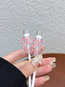 3pcs Set Data Cable Charger Protective Cover UC Painted Pink Flower Pattern Suitable For UK Standard Apple Fast Charger 20W UK Charger Use Anti-Break Charger Protector - Multicolor - View 2