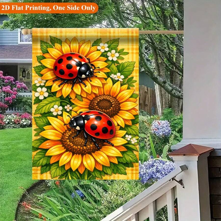 2D Flat Printed Garden Flag 1pc, Sunflower With Ladybug Garden Flag - Single-Sided Printed Outdoor Decoration, Suitable For Home And Garden, Holiday Decor, Durable Polyester, 11.8X17.7 Inches, Flag Pole Not Included