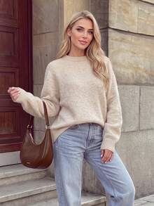 Pakaian Musim Gugur Wanita Y2K Sweater Pullover Lengan Panjang Raglan Leher Bulat Rajut Tekstur Polos untuk Wanita, Pakaian Kasual Sehari-hari - Sampanye - View 3
