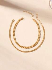 2pcs Vintage Fashion Minimalist Chain Double Layer Anklet Set For Women - Gold - View 2