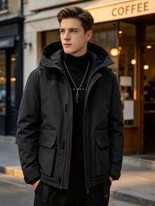 Men Hooded Puffer Jacket, Zip Up Multi Pocket Windproof Warm Winter Outdoor Down Coat - Black - View 1