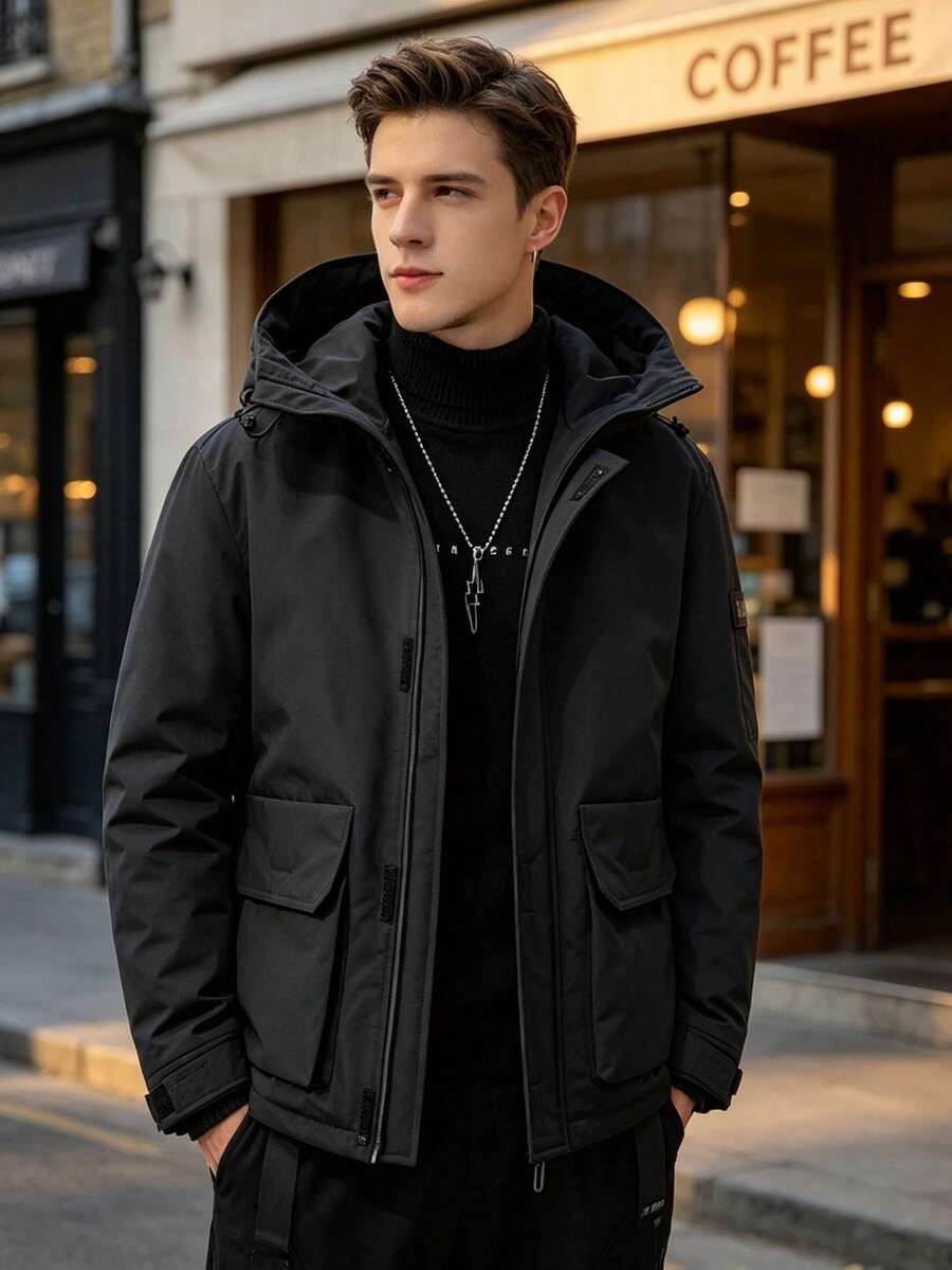 Men Hooded Puffer Jacket, Zip Up Multi Pocket Windproof Warm Winter Outdoor Down Coat - Black - View 1
