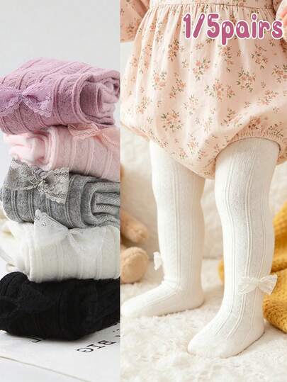 1/5pcs Baby Girls Simple Bow Decor Snug Fit Tights, Cute Versatile All-Season Everyday Base Layer Stockings
