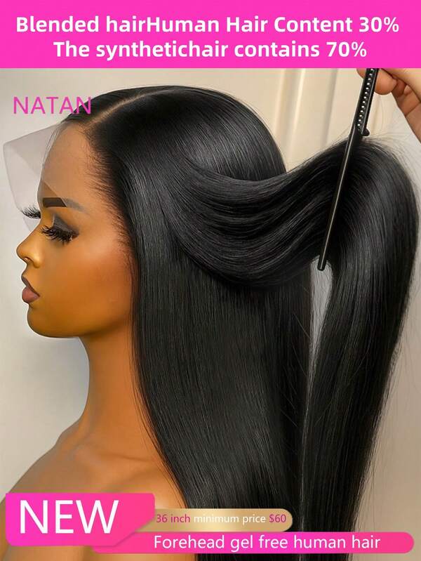 NATAN 13x4 350 Ginder HD Lace Lace Front Wigs 28 Inch Human Blended Hair Colored Hair Natural Straight Lace Frontal Wig Pre Plucked With Baby Hair Wig 200% Density Heat Resistant Fiber Hair Blended Wig For Women