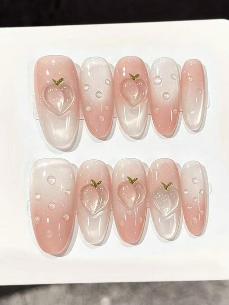 10 Buah Kuku Tempel Oval Sedang Buatan Tangan untuk Pesta dan Pemakaian Sehari-hari, Kuku Pink, Kuku Tempel 3D Gradien Peach Manis Bentuk Mata Kucing, Kuku Musim Panas, Mudah Dipakai, Cocok untuk Anak Perempuan dan Wanita, Festival, Pesta, dan Pemakaian Sehari-hari - Baby Pink - View 9
