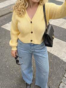 Dripcurv Plus Size Women's Casual Vacation & Commute Solid Color V-Neck Dropped Shoulder Loose Lantern Sleeve Button Front Cardigan, Autumn/Winter - Pale Yellow - View 2