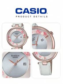 Casio SHEEN Women's Round Sakura Pattern Dial Mint Green Smooth Strap Date Display 3ATM Water Resistant Elegant Quartz Watch SHS-C110CGL-7AUPFH - Green - View 5