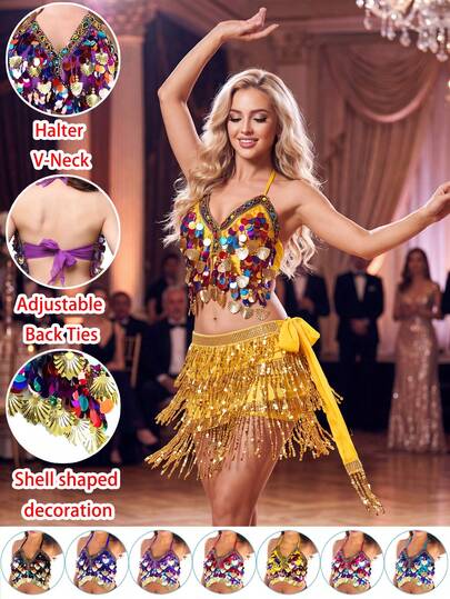 1 Set Top de Sujetador con Tirantes de Espagueti y Lentejuelas Opcional de 8 Colores, Danza del Vientre Salsa, Festival Bohemio, Top de Sujetador con Conchas Doradas, Disfraz de Actuación, Top de Sujetador con Tirantes de Espagueti y Escote en V con Lazos, Combinado con Falda de Cadera con Borlas y Lazos Laterales, Decoración de Conchas Coloridas Hecha a Mano, Atmósfera de Escenario Completa, Tela Elástica para Movimiento sin Restricciones, Adecuado para Competencia de Danza del Vientre, Actuación en Festival, Pasarela de Fiesta, Estilo Exótico Rico, Talla Única Ajustable para Adaptarse a la Mayoría de Tipos de Body